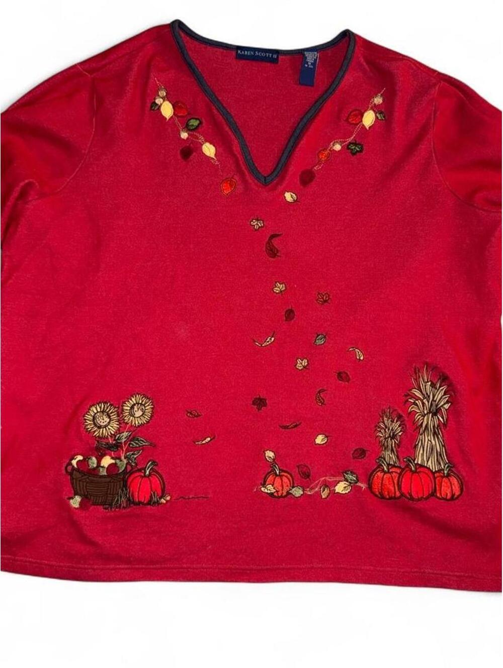 Karen Scott Women's Red embroidered fall pumpkin leaves long sleeve shirt sz 1X